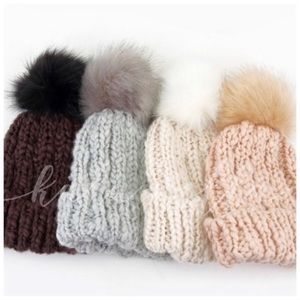Grey • Blush • Ivory faux fur pom beanie
